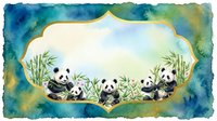 Watercolor panda family with bamboo in decorative frame on textured blue green background for nursery decor and children's illustration projects.