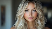Young blonde woman with blue eyes and wavy hair looking at camera with natural makeup and soft lighting for beauty and lifestyle content.