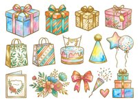 Colorful gift boxes, shopping bags, birthday cake, party hat, balloon, floral wreath, bow, sparkles and heart isolated on white background for celebration design projects.