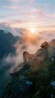 Man sitting on mountain cliff edge overlooking misty valley at sunrise, contemplating nature and freedom during golden hour with birds flying overhead.