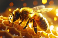 Macro shot of honey bee collecting nectar from honeycomb cells in warm golden sunlight with bokeh effect background, showing detailed wing and body structure.