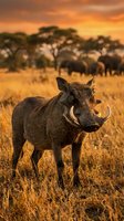 Warthog standing in golden savanna grassland during dramatic sunset with elephants and acacia trees in background creating authentic African wildlife scene.