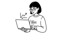 Young Asian businesswoman with glasses working on laptop showing growth chart arrow, professional office worker analyzing data and financial reports.
