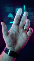 Male hand with smartwatch interacting with futuristic holographic interface, glowing neon code and HUD elements in dark cyberpunk setting.
