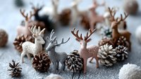 Festive miniature deer figurines and pine cones arranged on snowy surface for holiday decoration, creating charming winter woodland scene.