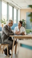 Mature Caucasian male executive in business suit and glasses discussing tablet with young Caucasian female professional in white shirt at wooden table in modern office with natural light and plants.