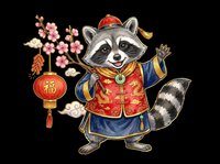 Cute raccoon in traditional Chinese New Year outfit with red lantern and cherry blossoms, isolated on transparent background, ready for stickers, t-shirts, and print on demand.