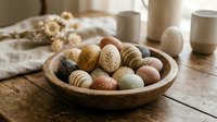Decorated Easter eggs in wooden bowl on rustic table with spring flowers and ceramic cups creating cozy holiday atmosphere for seasonal celebrations.