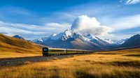Train journey through golden autumn grasslands with snow-capped mountain peaks and dramatic clouds in background, scenic railway transportation in wilderness landscape.