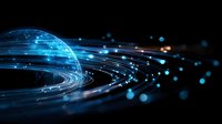 Abstract digital planet with glowing blue light trails and particles on black background, representing global technology network and data transmission.