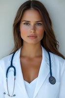 Young female medical professional in white coat with stethoscope looking confidently at camera. Natural makeup and brunette hair frame determined expression.