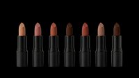 Seven matte lipsticks in nude and brown shades, isolated on transparent background, ready for beauty, cosmetic, t-shirt design, stickers, and print on demand use.