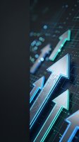 Glowing neon arrows pointing upward on digital circuit board with bokeh lights, representing growth, progress, and data analytics for business and technology concepts.