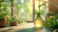 Natural aloe vera gel in glass bottle with fresh green plants on wooden surface. Organic skincare and wellness concept for spa treatments.