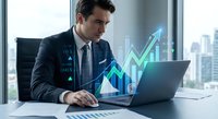 Professional businessman analyzing financial growth data with digital charts and upward trending graphs in modern office environment.