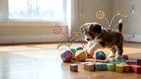 Young brown and white puppy playing with colorful toys and balls on wooden floor in bright living room with window light, suitable for pet care, training, and animal wellness content.