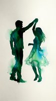 Watercolor silhouettes of dancing couple in green and blue tones on textured paper background for romantic design projects.