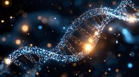 Glowing DNA strand with sparkling particles on dark background, genetic research concept with luminous double helix structure and bokeh light effects.
