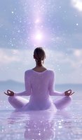 Young woman in white clothing meditating in lotus position on reflective surface under mystical purple sky with glowing particles and ethereal light.