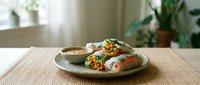 Fresh Vietnamese spring rolls with colorful vegetables served on a ceramic plate with dipping sauce, placed on a bamboo mat in a bright dining setting.