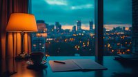 Cozy evening workspace with table lamp, coffee cup and open notebook against city skyline view at dusk, glowing urban lights create atmospheric mood.