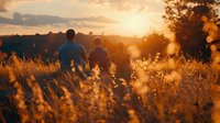 Family enjoying sunset in golden meadow, silhouettes against warm sky, peaceful outdoor moment in nature during summer evening.
