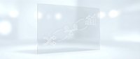 Transparent glass panel displaying financial charts and data analytics in modern minimalist workspace with soft lighting for business presentations.