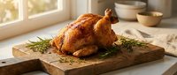Golden roasted whole chicken on wooden cutting board with fresh rosemary herbs in bright kitchen setting. Perfect for holiday meals and family dining.
