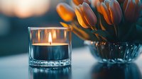 Glowing candle in glass holder next to orange tulips in crystal vase against blurred dark background creates cozy romantic atmosphere for spa or home decor.