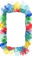 Colorful watercolor frame with school supplies and stationery items surrounding blank white space for text or design elements on transparent background.