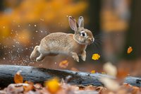 Playful wild rabbit jumping over fallen log in autumn forest with flying yellow leaves and magical bokeh lights, captured in mid-leap motion during golden hour.