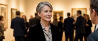 Elegant mature businesswoman with gray hair smiling at corporate art gallery event with colleagues in background discussing paintings and artwork.