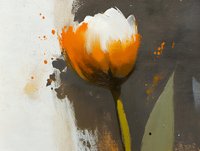 Orange tulip flower painted in expressive contemporary style with bold brushstrokes and paint splatters against neutral abstract background.