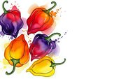 Colorful watercolor bell peppers with green stems and paint splashes on white background for culinary designs and healthy food concepts.