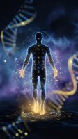 Glowing silhouette of male figure with constellation pattern standing on cosmic background with DNA strands, representing human genetic code and spirituality.