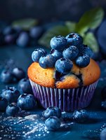 Fresh blueberry muffin topped with juicy berries and powdered sugar on dark rustic background for bakery menu and food photography.