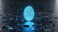 Digital fingerprint hologram on circuit board with glowing blue data particles for cybersecurity and biometric authentication technology concepts.