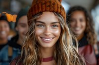 Young woman with freckles wearing orange knit beanie smiling at camera, surrounded by blurred friends in casual social setting.