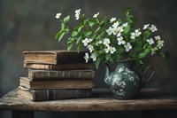 Vintage antique books stacked beside blue ceramic teapot with blooming white jasmine flowers on rustic wooden table against dark moody background. Still life composition.