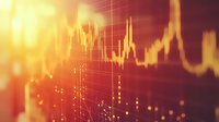 Financial market data visualization with glowing orange candlestick chart and stock price graph showing trading analysis on digital display screen.