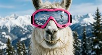 Funny llama wearing pink ski goggles with mountain reflection in snowy alpine landscape. Humorous winter sports concept for social media and advertising.
