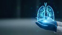 Medical professional hand holding glowing blue holographic lungs anatomy model for healthcare technology and respiratory system education.