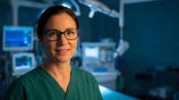 Female surgeon in green scrubs and glasses smiling confidently in modern operating room with medical equipment and monitors in background.