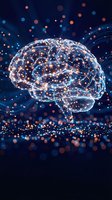 Glowing brain with neural network connections and light particles on dark blue background for artificial intelligence and neuroscience concepts.