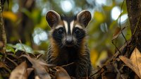 Curious raccoon dog peeking through autumn forest foliage, showcasing its distinctive facial markings and alert expression in natural woodland habitat.
