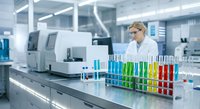 Female scientist in white lab coat working with colorful test tubes and modern laboratory equipment for medical research and chemical analysis.