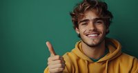 Young Hispanic man in yellow hoodie showing thumbs up with confident smile against green background, expressing positivity and approval.