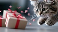 Curious tabby kitten playing with gift boxes wrapped in red ribbons, creating a festive holiday atmosphere for pet owners.