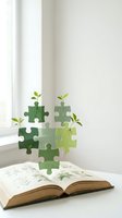 Green puzzle pieces with sprouting leaves floating above open book symbolizing growth, education, and environmental knowledge for learning concepts.