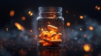 Glowing orange medicine capsules in glass jar against dark background with magical sparkles and bokeh lights creating mystical pharmaceutical atmosphere.